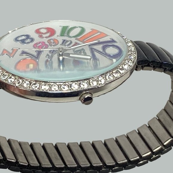 Geneva Platinum Womens Stretch Black Band Round Rhinestone Face Colorful Numbers - Picture 7 of 8